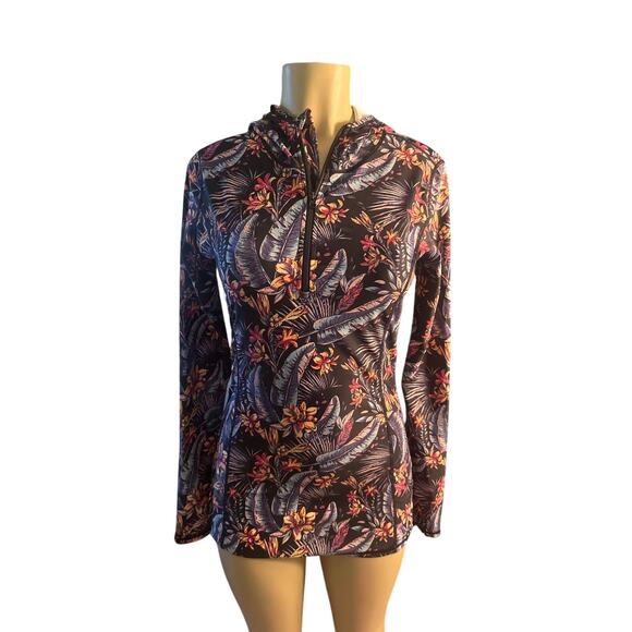 Women XS Inno Black Floral Print Surf Swim Rash Guard Shirt Top Long Slv Hooded - Picture 2 of 6